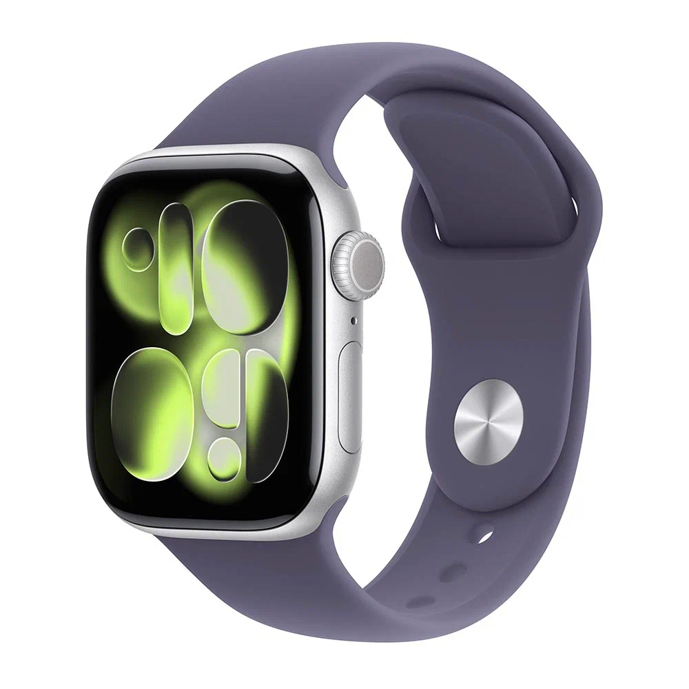 Apple Watch Series 11 GPS 46мм, Серебристо-алюминиевый корпус, Спортивный ремешок фиолетового цвета M/L MEVA4, Серебристый