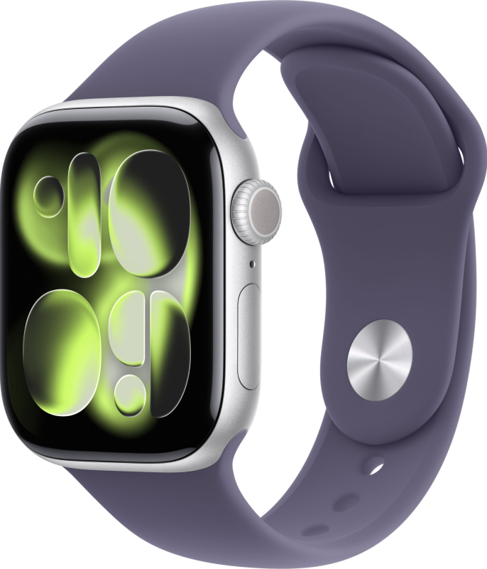 Apple Watch Series 11 GPS 42мм, корпус серебристого цвета, фиолетовый спортивный ремешок S/M (MEU64LW/A)