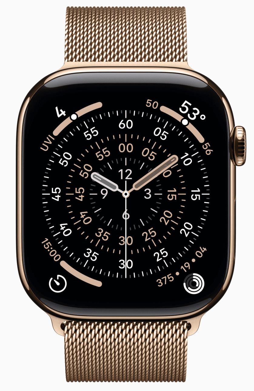 Apple Watch Series 11 46 мм, корпус из золотого титана, ремешок Milanese золотого цвета